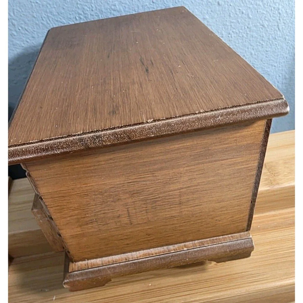 Vintage Wooden Jewelry Box Musical Mirror Lined Compartments Drawer Signed